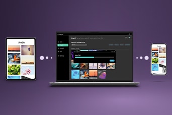 This image shows how to conncect phone to laptop wirelessly, with photos and files being transferred between devices, illustrating seamless multi-device file sharing through LG gram Link.