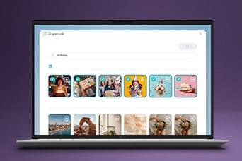 This image shows the laptop screen displaying a photo library interface with categorized image thumbnails, highlighting AI-powered photo search and organization on LG gram Link.