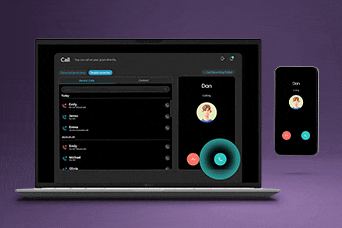 This image shows a laptop screen displaying an incoming mobile call interface alongside a phone, illustrating mobile notifications and audio calls handled directly on the PC via LG gram Link, demonstrating how to connect phone to laptop seamlessly.