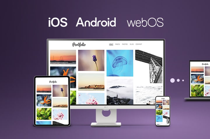 This image shows an LG gram laptop connected with a tablet, smartphone, and desktop display, illustrating seamless multi-device syncing and content sharing across iOS, Android, and webOS using LG gram Link.