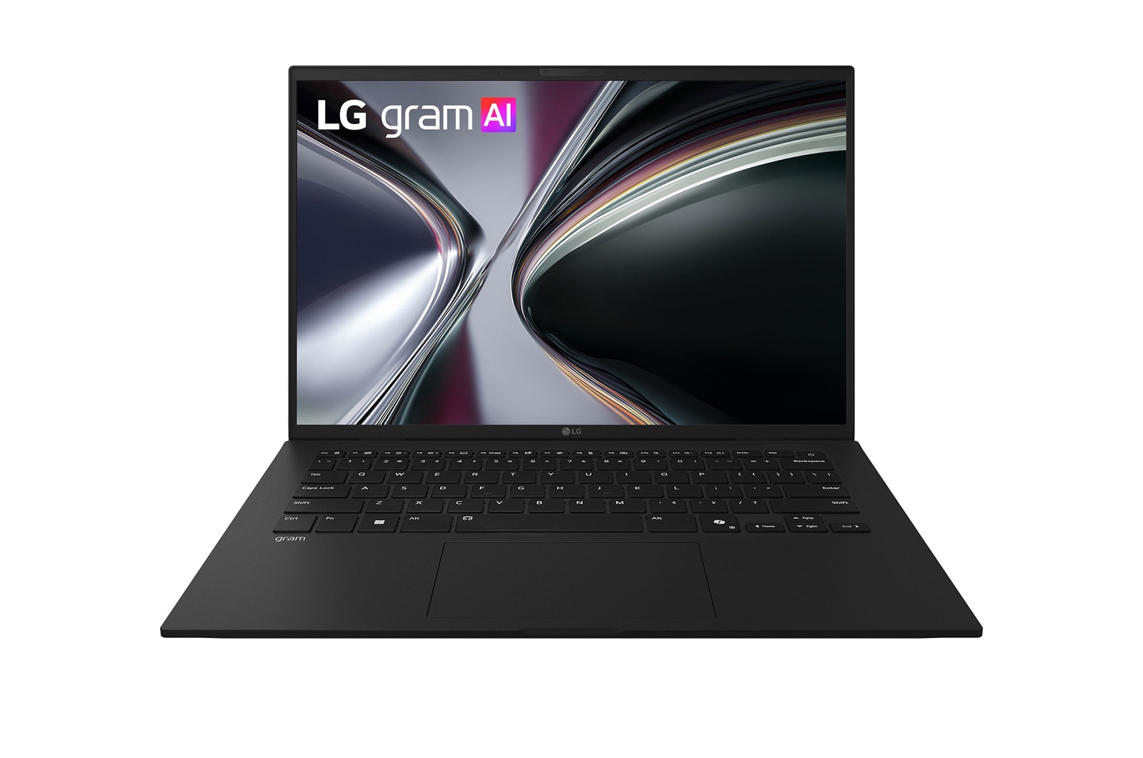 A floating LG gram Pro AI laptop shown from multiple angles, highlighting its slim and lightweight design. The image presents key features including 1,120 g weight, 15.7 mm thin body, Windows 11 Home Copilot+ PC, AMD Ryzen AI processor, on-device and cloud AI support, a 14-inch 16:10 display, DCI-P3 99% color gamut, and a variable refresh rate of 60 Hz.