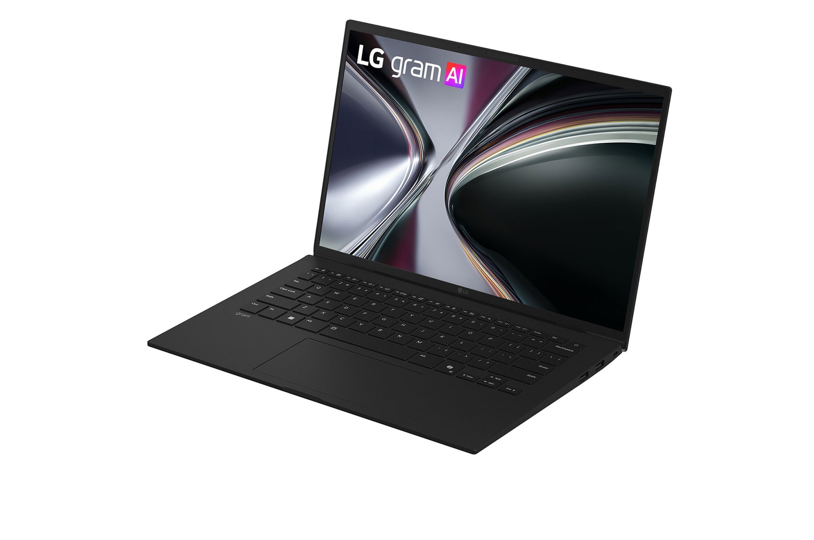 An LG gram laptop displayed at an angled position on a dark background, emphasizing its lightweight 1,120g body designed for a 14-inch size.
