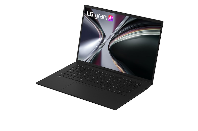An LG gram laptop displayed at an angled position on a dark background, emphasizing its lightweight 1,120g body designed for a 14-inch size.