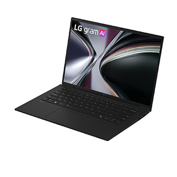 An LG gram laptop displayed at an angled position on a dark background, emphasizing its lightweight 1,120g body designed for a 14-inch size.