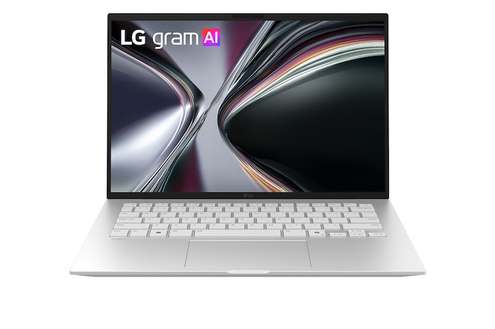 A floating LG gram Pro AI laptop shown from multiple angles, highlighting its slim and lightweight design. The image presents key features including 1,120 g weight, 15.7 mm thin body, Windows 11 Home Copilot+ PC, AMD Ryzen AI processor, on-device and cloud AI support, a 14-inch 16:10 display, DCI-P3 99% color gamut, and a variable refresh rate of 60 Hz.