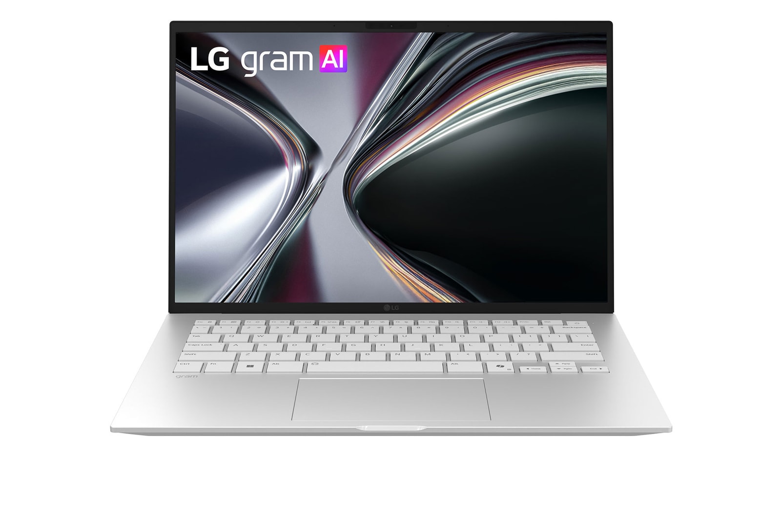 A floating LG gram Pro AI laptop shown from multiple angles, highlighting its slim and lightweight design. The image presents key features including 1,120 g weight, 15.7 mm thin body, Windows 11 Home Copilot+ PC, AMD Ryzen AI processor, on-device and cloud AI support, a 14-inch 16:10 display, DCI-P3 99% color gamut, and a variable refresh rate of 60 Hz.