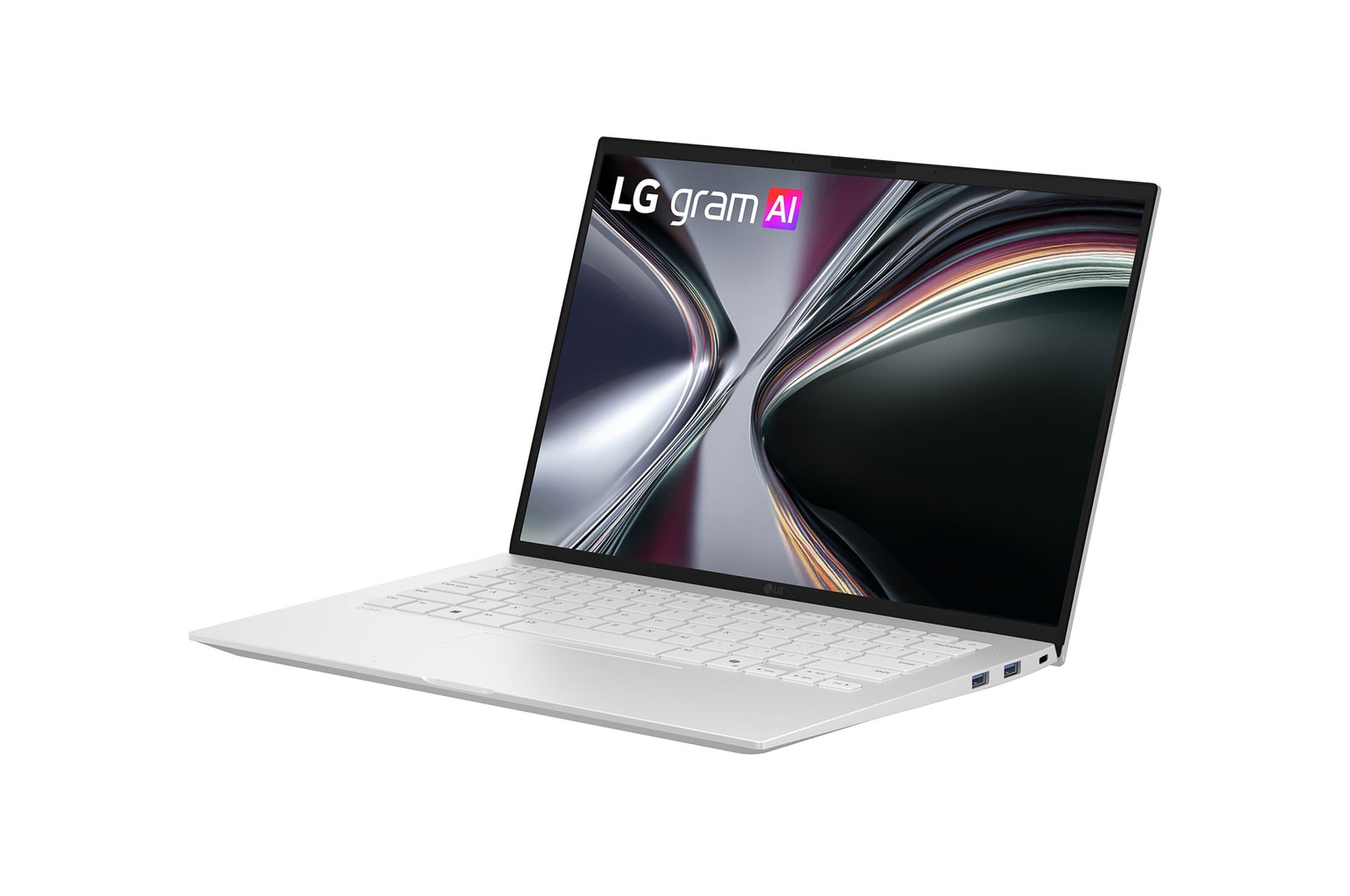 An LG gram laptop displayed at an angled position on a dark background, emphasizing its lightweight 1,120g body designed for a 14-inch size.