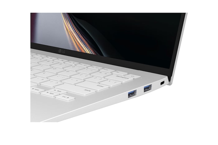 An LG gram laptop displayed at an angled position on a dark background, emphasizing its lightweight 1,120g body designed for a 14-inch size.