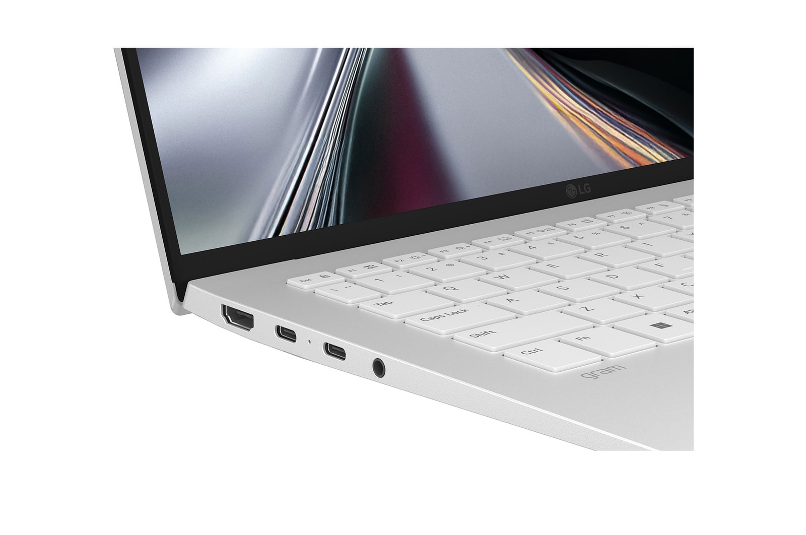 A front-facing view of an LG gram laptop displaying a split-screen interface that represents on-device AI and cloud-based AI functions. Icons for gram chat cloud appear on both sides of the laptop, emphasizing dual AI operation within the system.