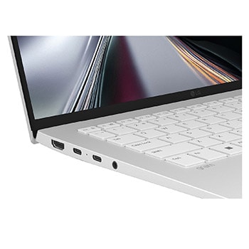 A front-facing view of an LG gram laptop displaying a split-screen interface that represents on-device AI and cloud-based AI functions. Icons for gram chat cloud appear on both sides of the laptop, emphasizing dual AI operation within the system.