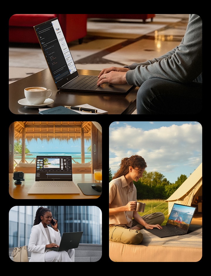 LG gram Proノートパソコンの多様な使用シーンを示す画像。デスクでのクリエイティブ作業、ゲームやエンターテインメント、屋外でのフィールドワーク、移動中のデータ分析など、さまざまな環境で活躍する様子を通じて、その優れた携帯性、汎用性、柔軟性を表現している。
