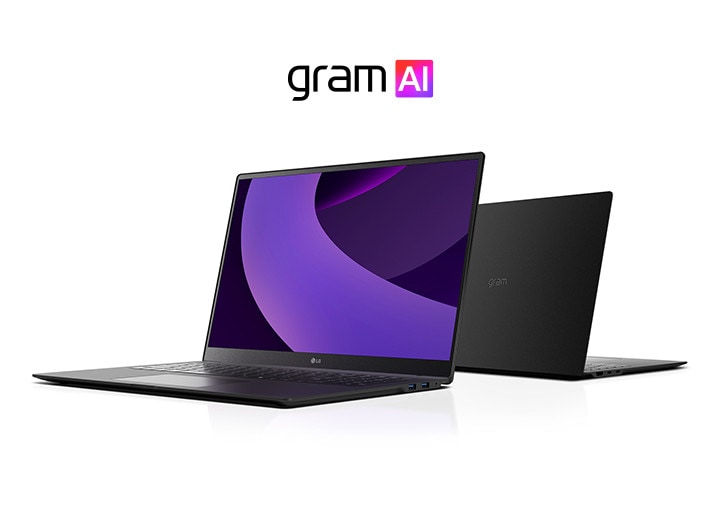 画面を開いた状態で、斜め左向きに置かれたノートパソコンと、その後ろに設置されたロゴ付きのノートパソコンの画像。画面には紫の円柱の画像が、ノートパソコンの上部には「gram AI」のロゴが表示されている。