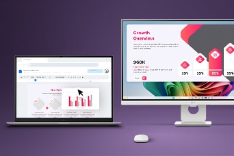 外部モニターに接続された、共有ワークスペースのあるノートパソコンの画像。単一のキーボードとマウスを使用して、クロスデバイス画面拡張と統合コントロールを行えることを表している。