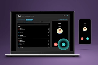 着信中のモバイルコールのインターフェースを映し出すノートパソコンの画面と、スマートフォンの画像。モバイル通知と、LG gram Link経由でPCで直接オーディオコールを受信する機能を示し、スマートフォンとノートパソコンをシームレスに接続する方法を表している。