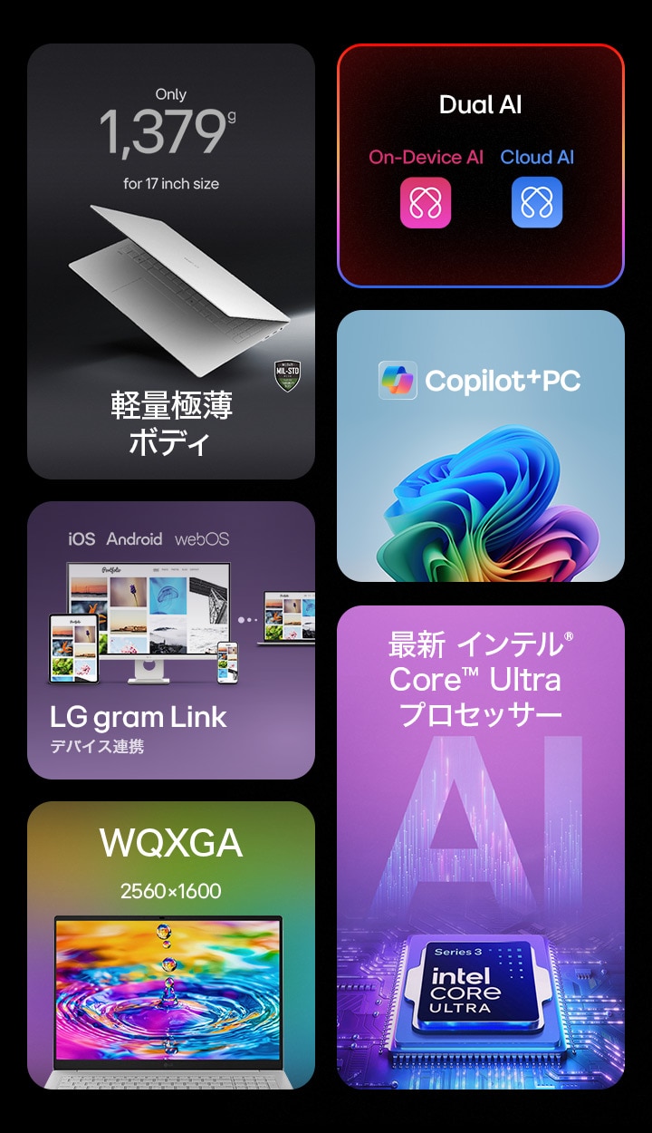LG gram Pro 17インチノートパソコンの主な特長。超軽量かつ高い耐久性を両立したデザインに、17インチの2.5Kディスプレイを搭載。Copilot+ PCに対応し、On-DeviceとCloudの両環境でデュアルAI機能を活用できます。さらに、Intel AIプロセッサーを採用。LG gram Linkによる接続機能により、iOS、Android、webOSデバイスとのワイヤレス連携も可能です。