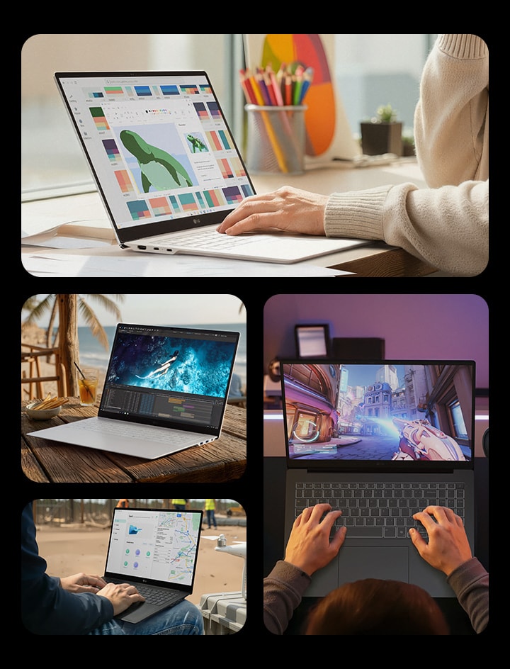 LG gram Proノートパソコンの多様な使用シーンを示す画像。デスクでのクリエイティブ作業、ゲームやエンターテインメント、屋外でのフィールドワーク、移動中のデータ分析など、さまざまな環境で活躍する様子を通じて、その優れた携帯性、汎用性、柔軟性を表現している。