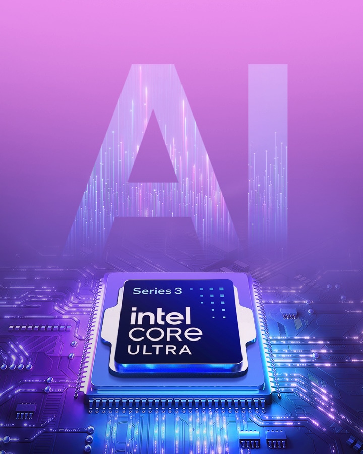 青から紫へのグラデーション背景の中に Intel® Core™ Ultra プロセッサーが配置され、その背後に大きな半透明の「AI」という文字が重ねて表現されている画像。