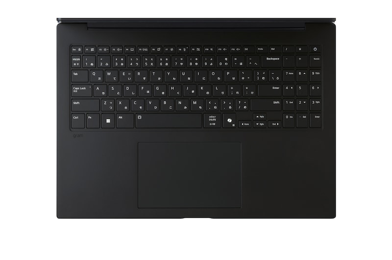 開いているgramノートパソコンの画像。画面にはデータダッシュボードが映し出され、製品の下に表示された「27.5時間」と「77 Wh」の文字が長いバッテリー駆動時間を表している。