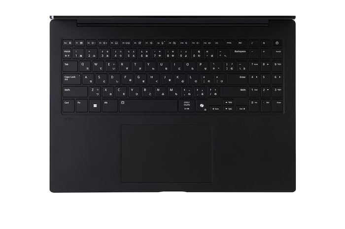 開いているgramノートパソコンの画像。画面にはデータダッシュボードが映し出され、製品の下に表示された「27.5時間」と「77 Wh」の文字が長いバッテリー駆動時間を表している。
