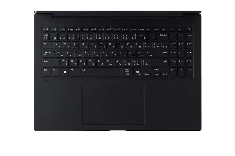 開いているgramノートパソコンの画像。画面にはデータダッシュボードが映し出され、製品の下に表示された「27.5時間」と「77 Wh」の文字が長いバッテリー駆動時間を表している。