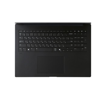 開いているgramノートパソコンの画像。画面にはデータダッシュボードが映し出され、製品の下に表示された「27.5時間」と「77 Wh」の文字が長いバッテリー駆動時間を表している。