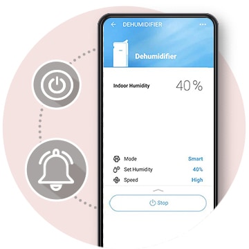 スマートフォンの画面と除湿機の機能性を示すアイコン。