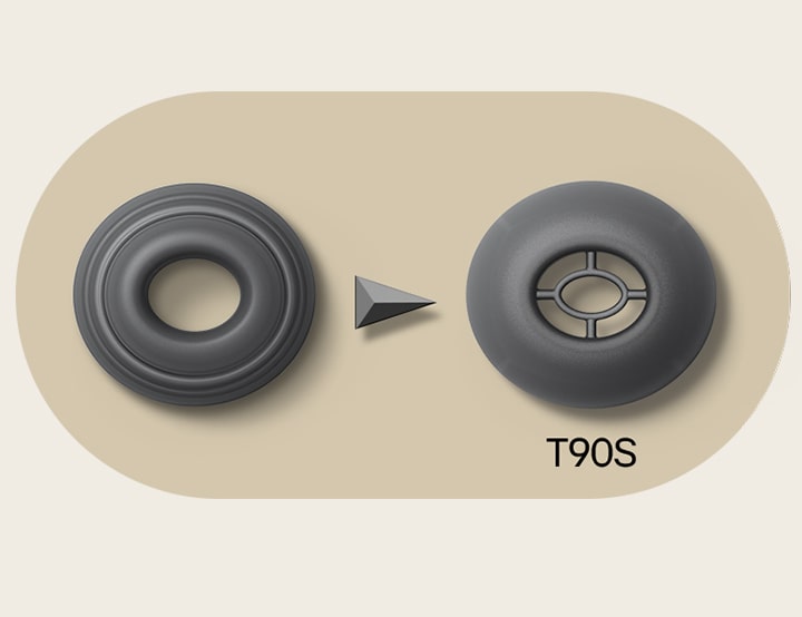 There are two ear tips shown. On the left is the previous one, on the right is shown T90S's ear tip to provide it better isolate the noise.
