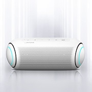 紫のライトの LG XBOOM Go の正面画像。
