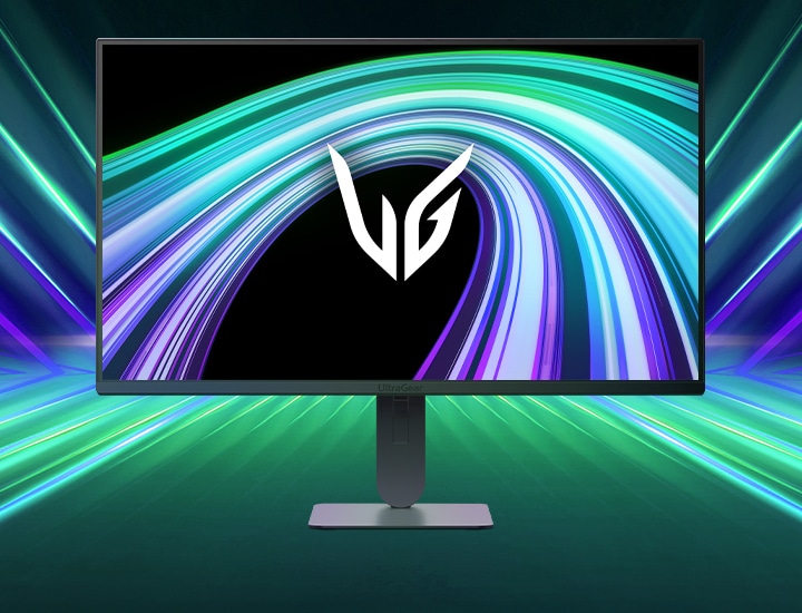 未来的なネオンライトの部屋にあるUltraGear™ 24G414Bゲーミングモニターの前面画像です。