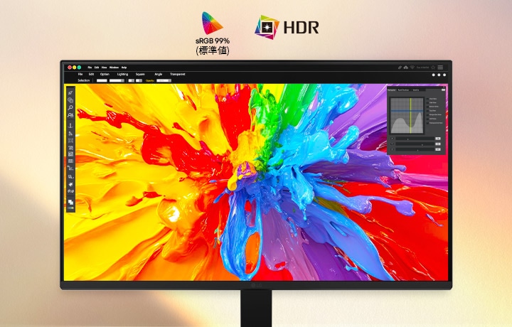 LG FHDモニターが、HDR10対応とsRGB 99%の色域カバー率を持つワイドな曲面スクリーンに鮮やかなクリエイティブコンテンツを表示し、豊かな色精度、強化されたコントラスト、正確な視覚的ディテールを提供することで、クリエイティブな作業と没入感のある視聴体験を実現します。