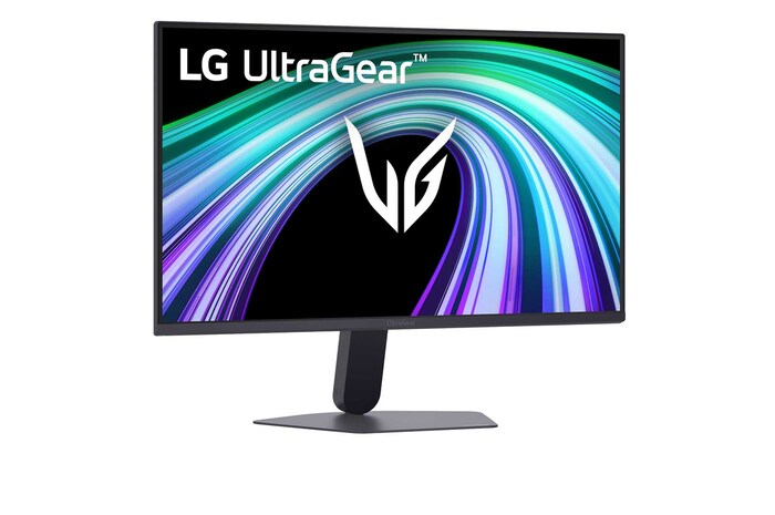 Tampak depan monitor gaming yang ditampilkan dalam lingkungan bergaya futuristik dan neon.