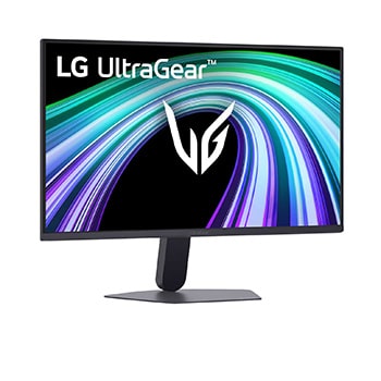 Tampak depan monitor gaming yang ditampilkan dalam lingkungan bergaya futuristik dan neon.
