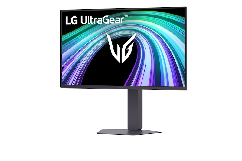 Tampak depan monitor gaming yang ditampilkan dalam lingkungan bergaya futuristik dan neon.