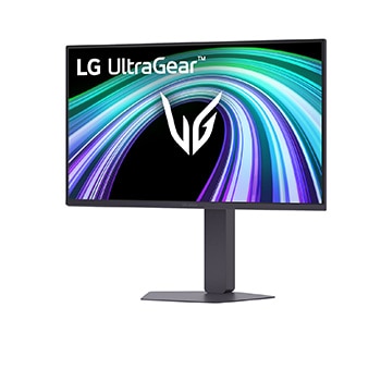 Tampak depan monitor gaming yang ditampilkan dalam lingkungan bergaya futuristik dan neon.