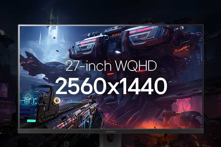 SFゲームのシーンを映し出すLG UltraGear 27インチゲーミングモニターのクローズアップ。解像度2560×1440の16:9 QHDを強調している。