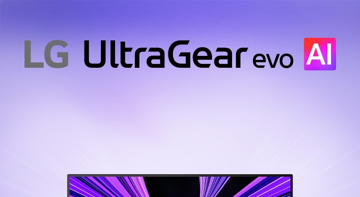 未来的でネオンが輝く部屋に配置されたUltraGear™ evo AIのロゴ。