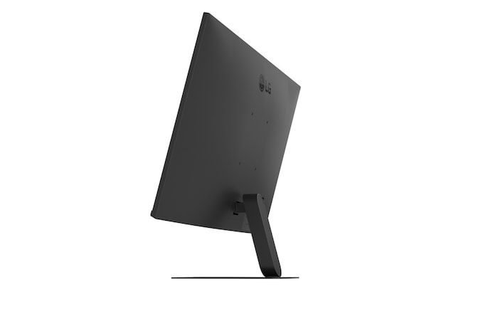 LG FHDモニターの前面と側面図。製品寸法がミリメートルで表示されています。
