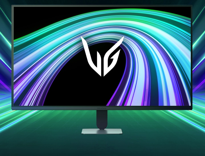 未来的なネオンライトの部屋に置かれたUltraGear™ 32G403Bゲーミングモニターの正面画像。