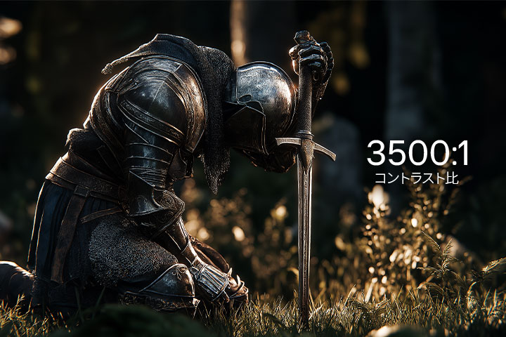 この画像は、3500:1のコントラスト比を強調したファンタジーゲームシーンで、深い黒、明るいハイライト、詳細なテクスチャにより、より没入感のある視覚体験を提供します。
