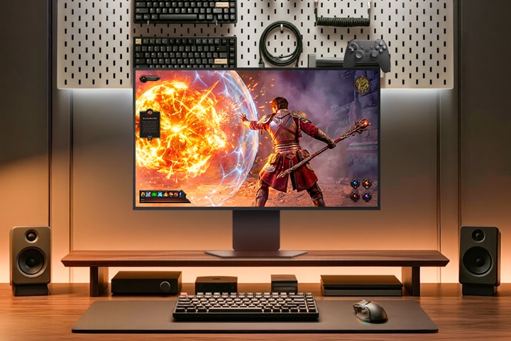 UltraGear gaming monitor (32GX870B) displaying sharp gameplay with 1,500 nits peak brightness and 4th Gen Tandem OLED