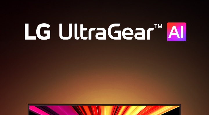 UltraGear™ evo AI logo in a futuristic, neon-lit room.