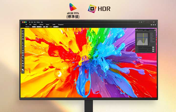 編集インターフェースを備えた鮮やかなカラースプラッシュアートワークを表示するモニター。sRGB 99%の色精度とHDRサポートを強調し、豊かで実物に近いビジュアルを実現。