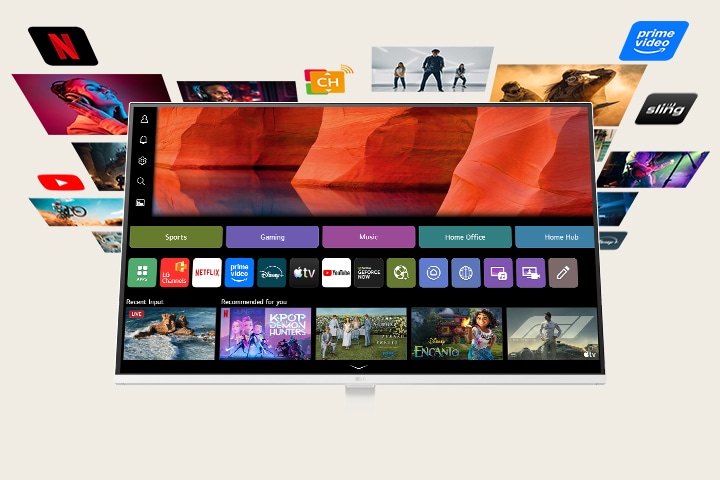 LGスマートモニターがwebOSのホーム画面にストリーミングアプリケーションとコンテンツタイルを表示し、映画、スポーツ、番組などの浮遊するエンターテイメントビジュアルに囲まれて、オールインワンのスマートストリーミング、コンテンツ発見、ホームエンターテイメント体験を強調しています