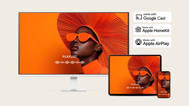 AirPlay 2とScreen Shareを使用して、LGスマートモニター、ノートパソコン、タブレット、スマートフォンで同じ画面が共有されています。