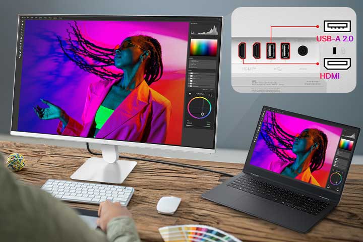 LG Smart Monitorがノートパソコンに接続され、写真編集ワークスペース、USBやHDMIを含む複数のポートを表示。シングルケーブル接続、デバイス充電、生産性重視のワークステーション設定を強調しています。