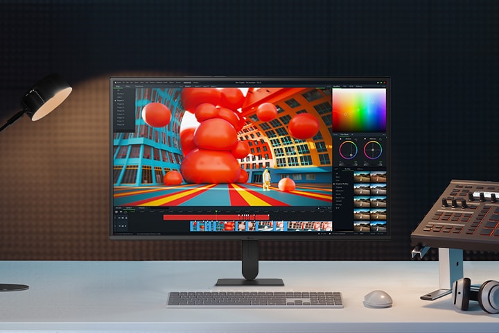 Front view of a white LG monitor on a desk, displaying a colorful 3D editing interface, with a lamp, keyboard, audio mixer, and headphones nearby.