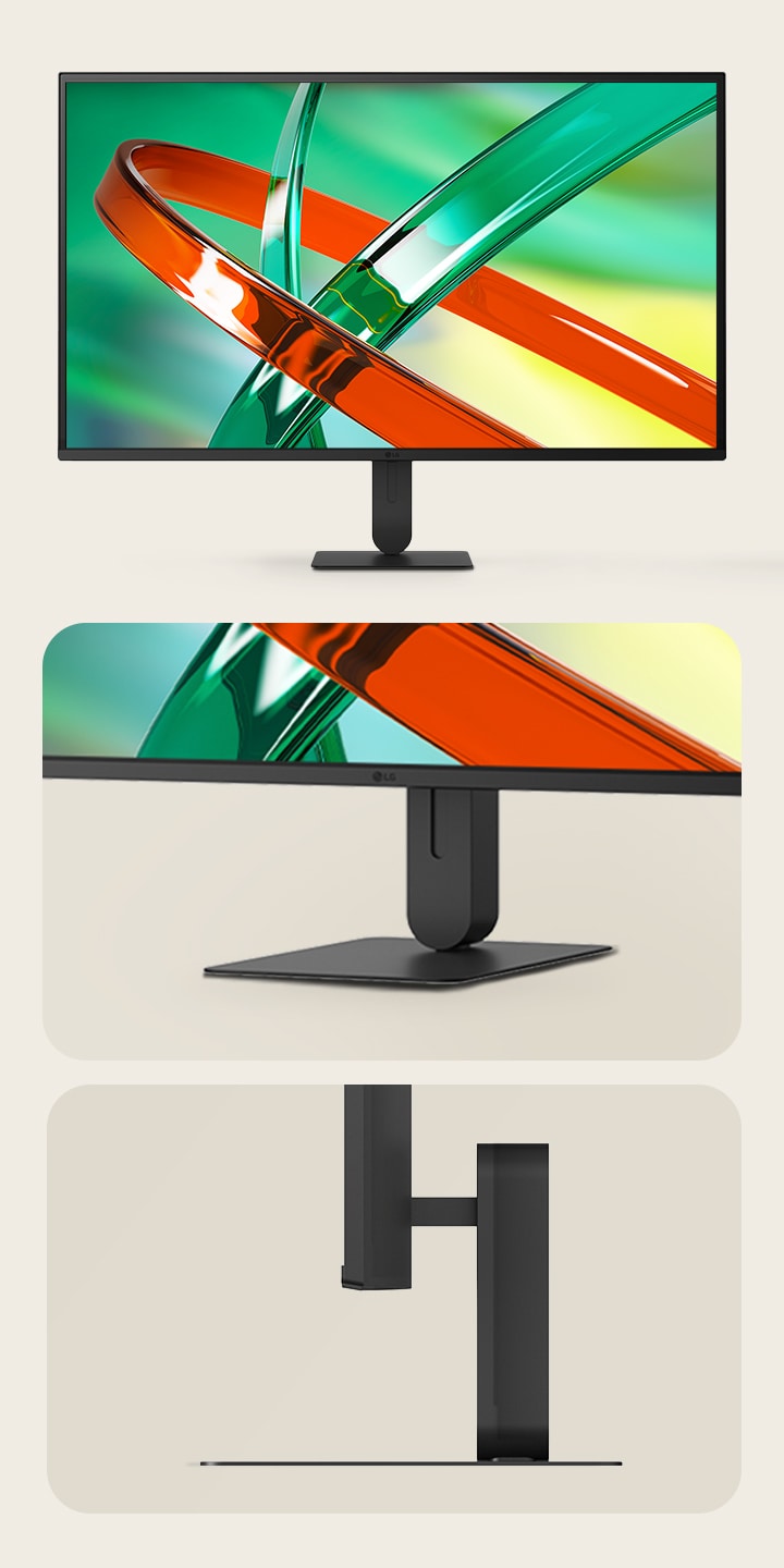 Front, side, and detail views of a white LG monitor with a sleek stand and minimal back panel design.