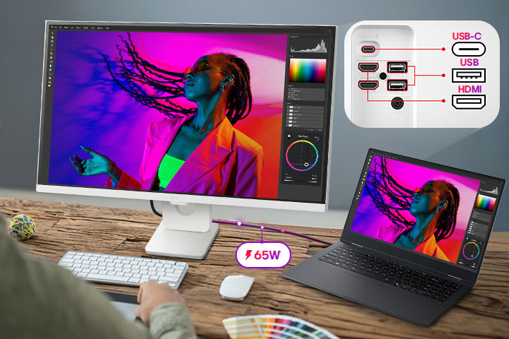 USB-C経由でノートパソコンに接続されたLG Smart Monitor(65W充電対応)。写真編集ワークスペースを表示。USB-C、USB、HDMIを含む複数ポートを搭載。単一ケーブル接続、デバイス充電、生産性重視のワークステーション環境を強調。