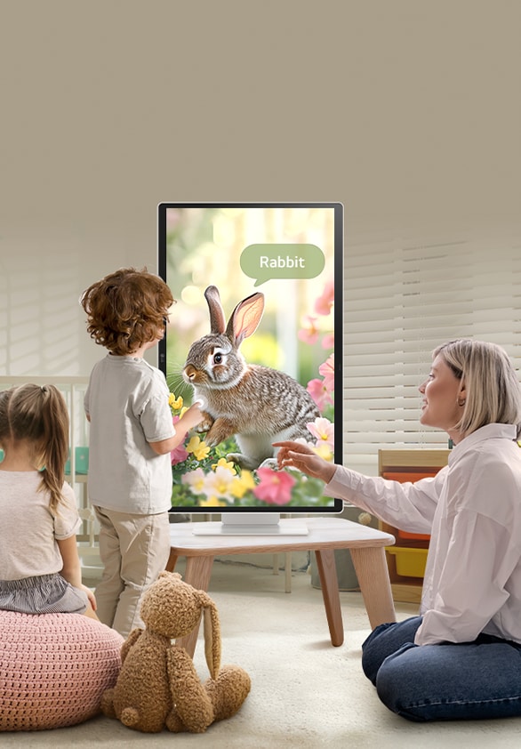 LG Smart Monitorを使って遊んでいる1人の女性と3人の子どもとの写真。