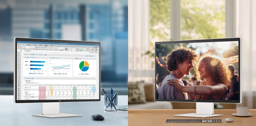 左側の画像では、オフィスのLG Smart Monitorにさまざまな図表が表示されており、右側の画像では、自宅のLG Smart Monitorで映画が再生されている。